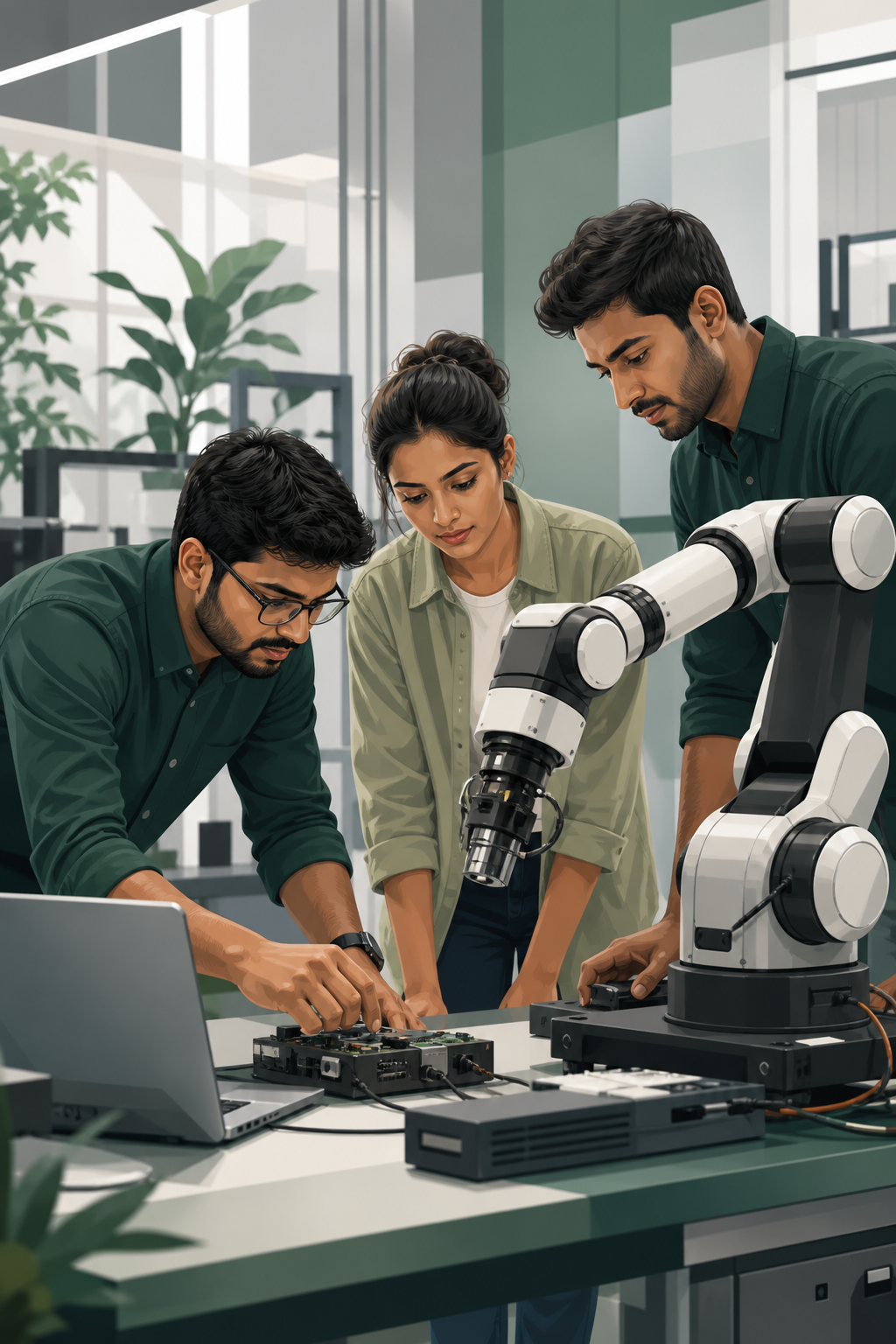 Illustration of Indian engineers collaborating in an advanced robotics laboratory