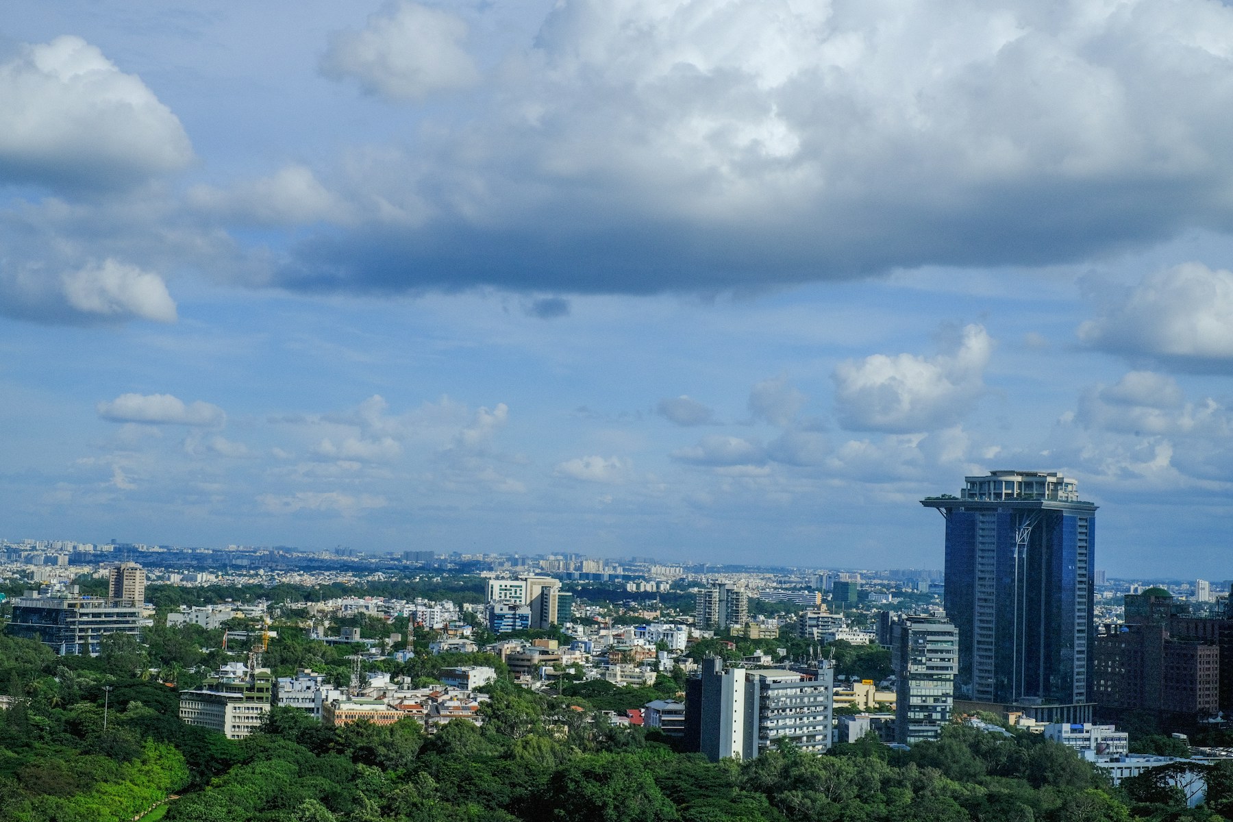 Hyderabad skyline beneath a wide blue sky