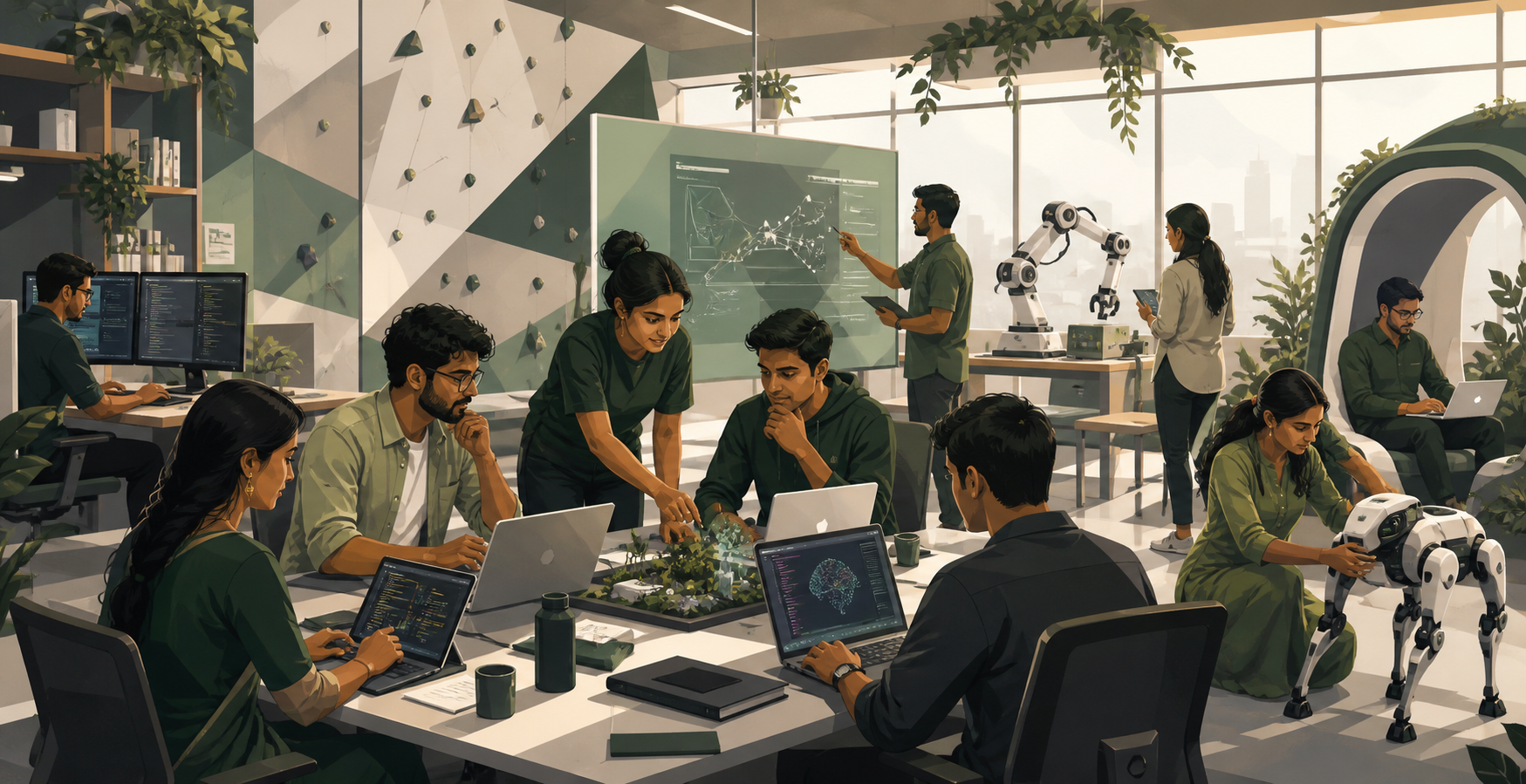 Illustration of an engineering team collaborating around laptops